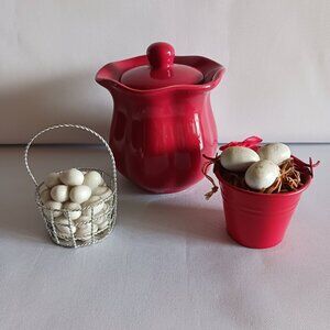 Lot of 3 Kitchen Decor – Red Lidded Sugar Bowl & 2 Miniature Egg Baskets